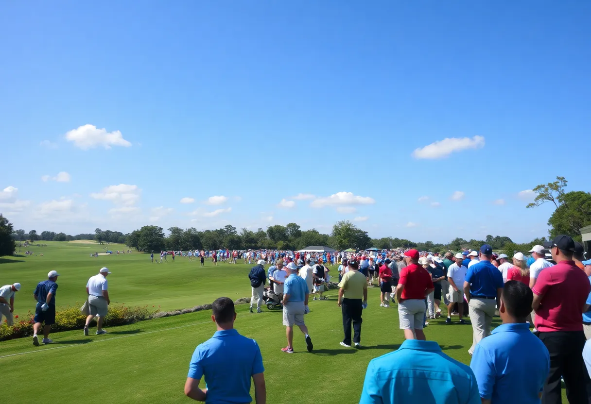 Players competing in LIV Golf tournament on a sunny day.