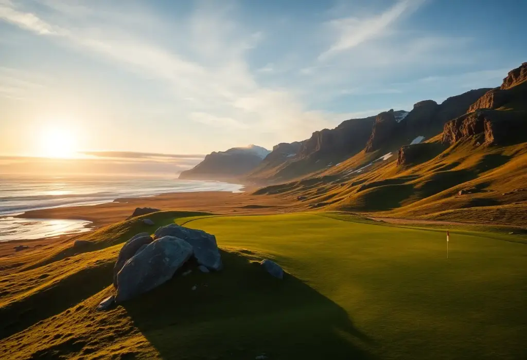 A scenic view of Lofoten Links golf course with mountains and sea in the background.