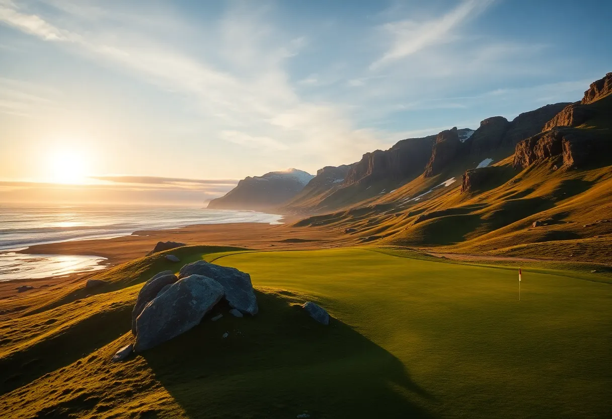 A scenic view of Lofoten Links golf course with mountains and sea in the background.