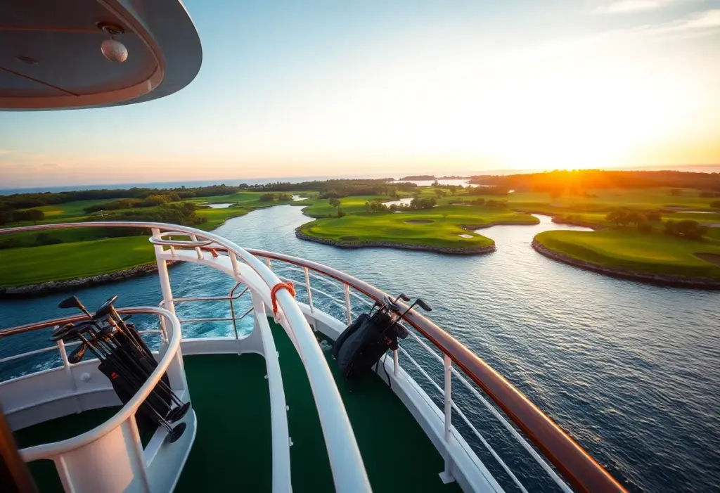 A cruise ship with golfing equipment on deck overlooking the Atlantic.