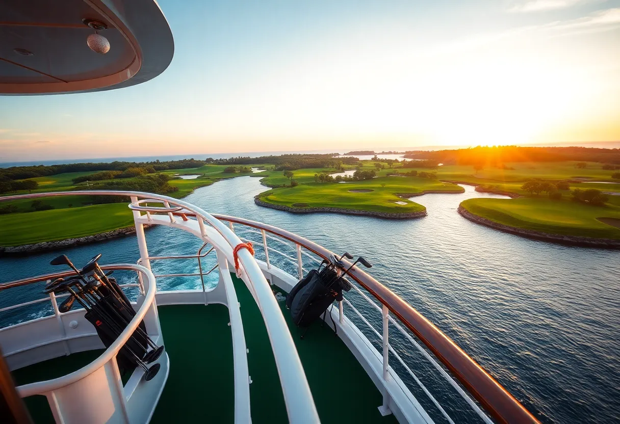 A cruise ship with golfing equipment on deck overlooking the Atlantic.