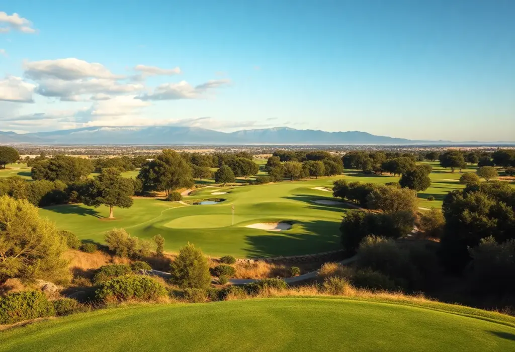 Scenic view of a luxury golf course with rolling hills
