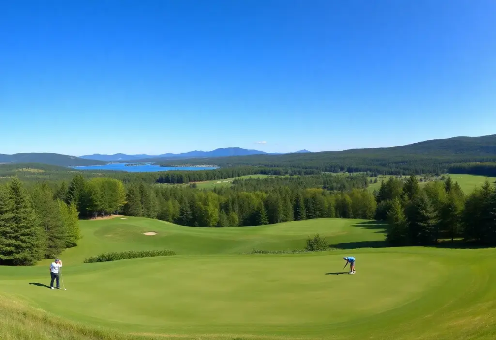 Scenic view of a golf course in Maine surrounded by mountains.