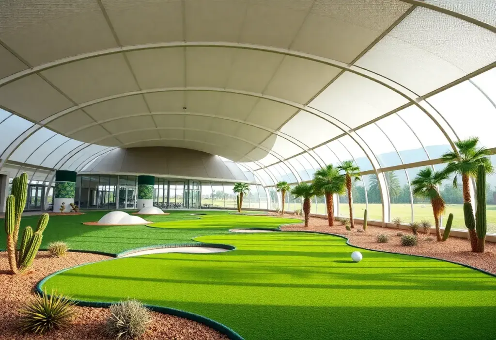 Rendering of Megalodome Golf's indoor golf complex with domes and golf course.
