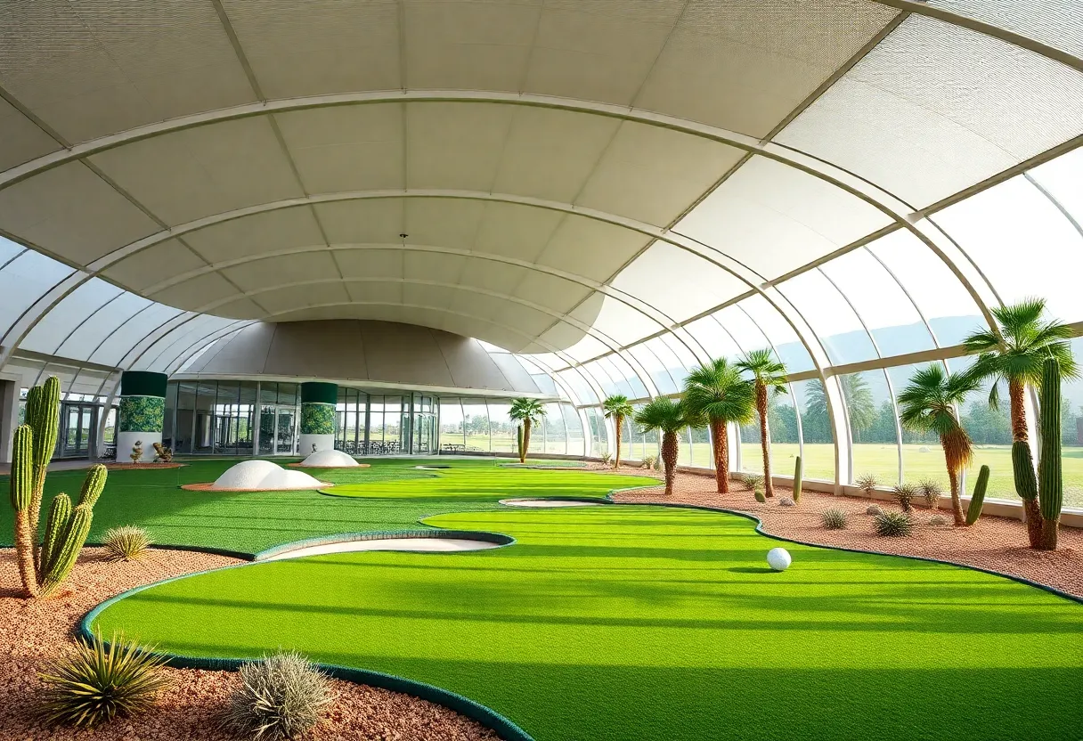 Rendering of Megalodome Golf's indoor golf complex with domes and golf course.