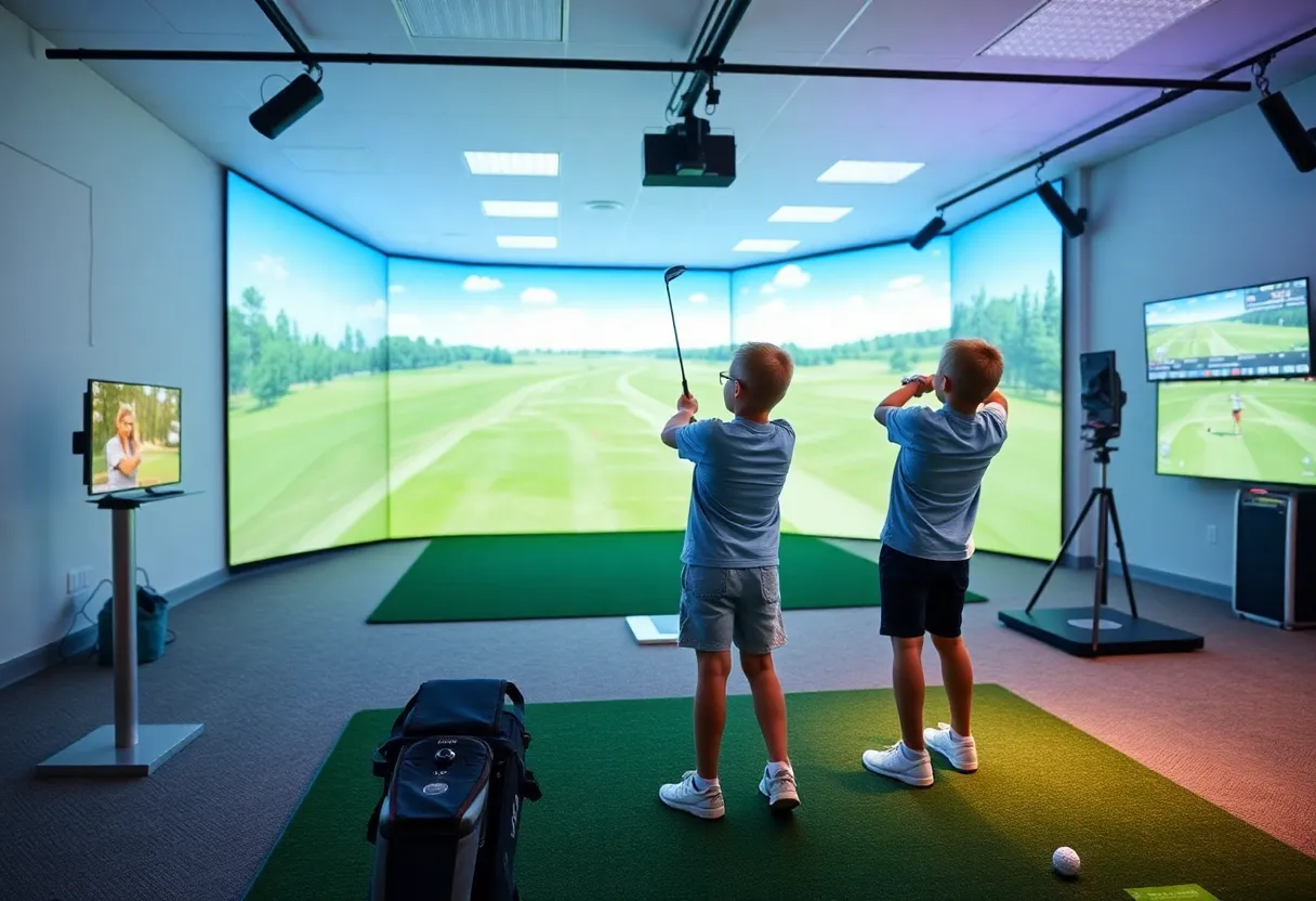 Young golfers practicing in the new golf simulator centre at Merchiston Castle School.