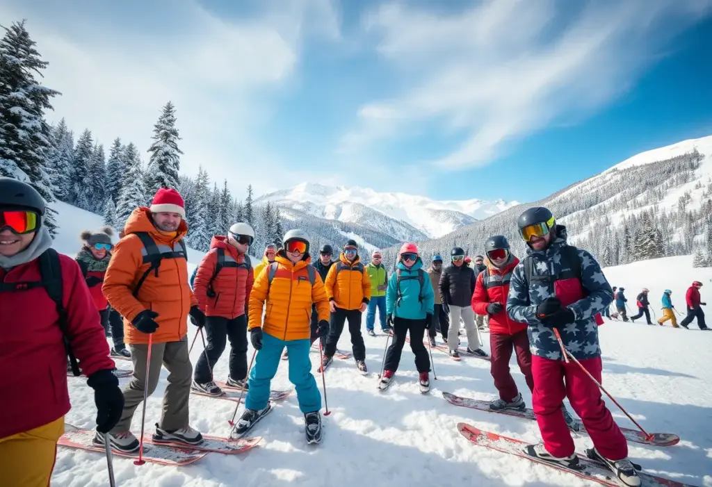 Diverse group of skiers enjoying the slopes at a ski club event.