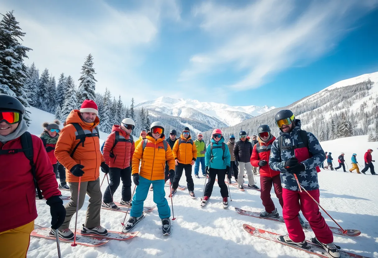 Diverse group of skiers enjoying the slopes at a ski club event.
