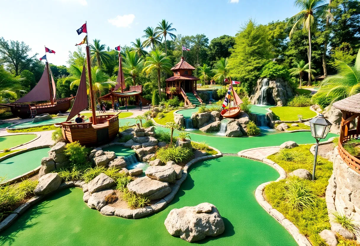 Colorful miniature golf course with themed decorations and vibrant landscaping