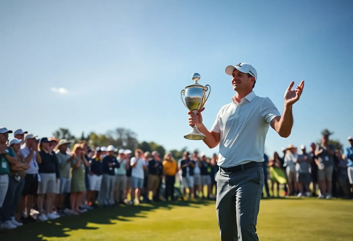 Golfer celebrating her major championship win on a golf course