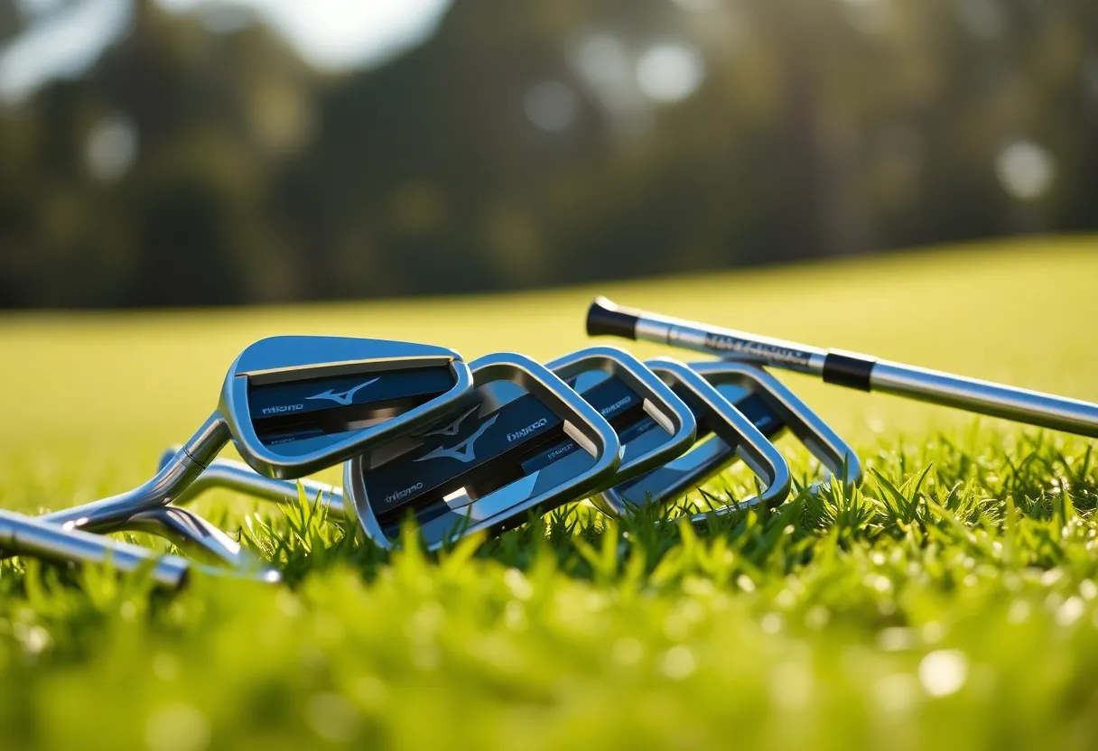 A set of Mizuno irons displayed on a golf course.