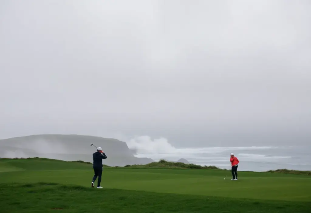 Collin Morikawa celebrating victory at the 2026 AT&T Pebble Beach Pro-Am under rainy skies.
