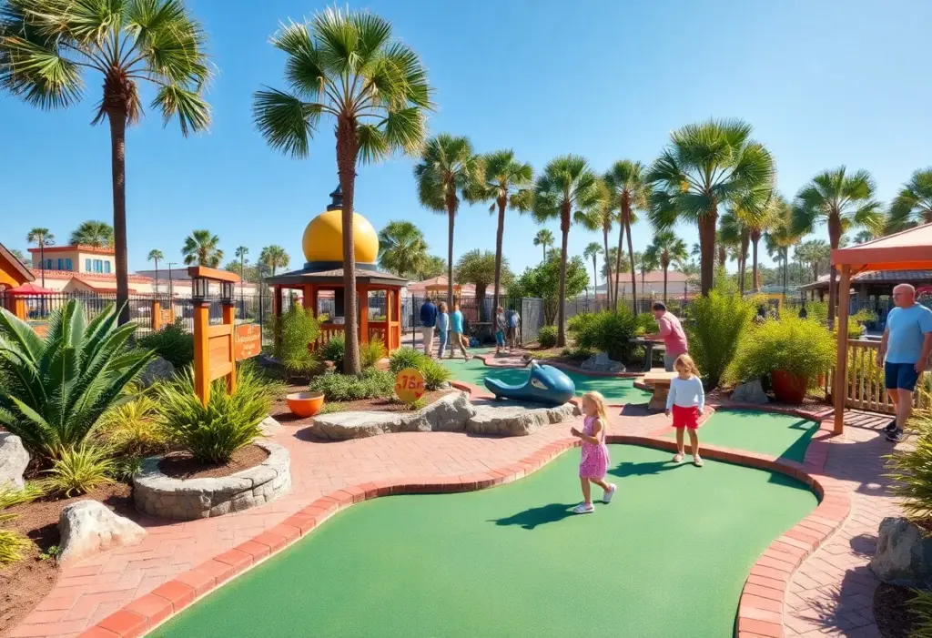 Families playing mini golf at a themed course in Myrtle Beach