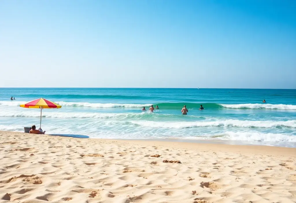 View of Myrtle Beach with sunny skies and beach-goers.