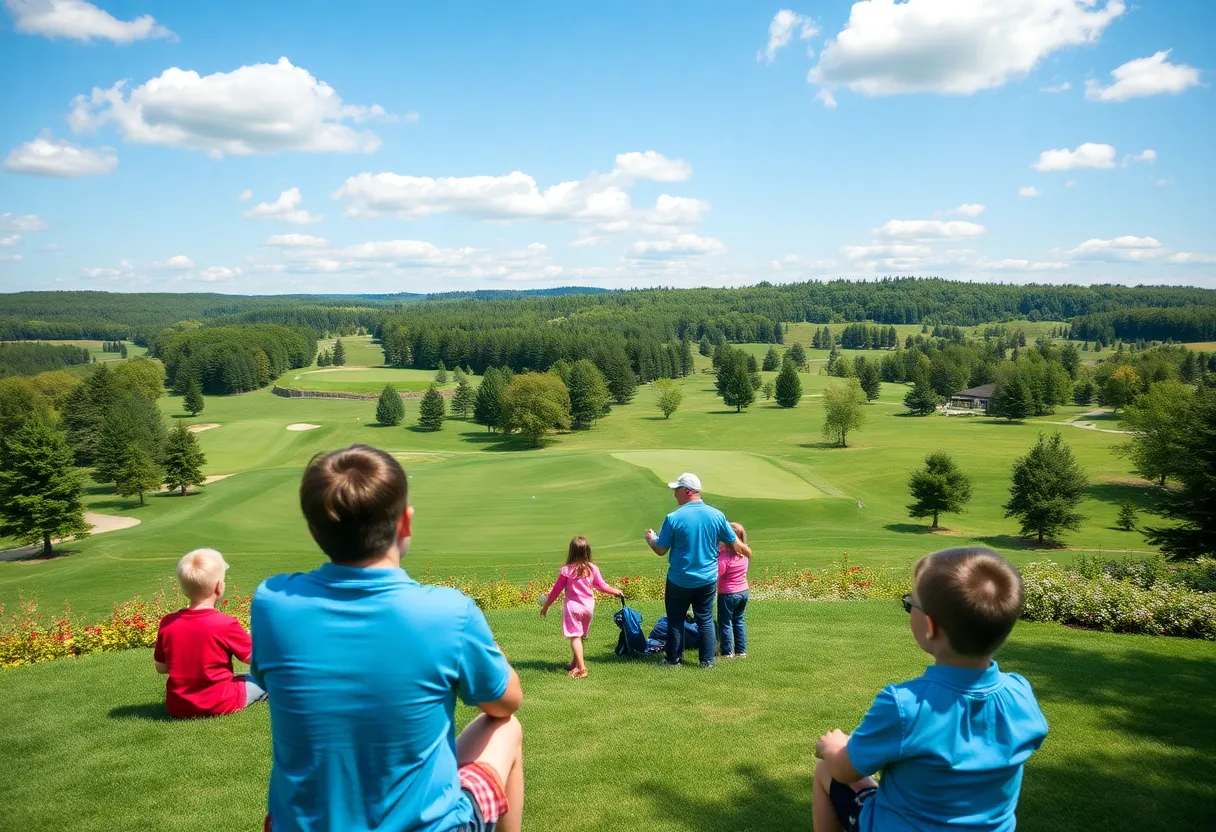 A scenic view of the golf courses at Otsego Resort with families playing in nature