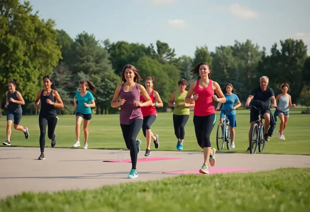 A diverse group of people enjoying outdoor fitness activities in a park.