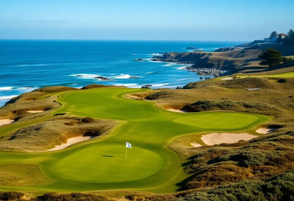 Stunning view of Pebble Beach Golf Course surrounded by the ocean and challenging terrain.