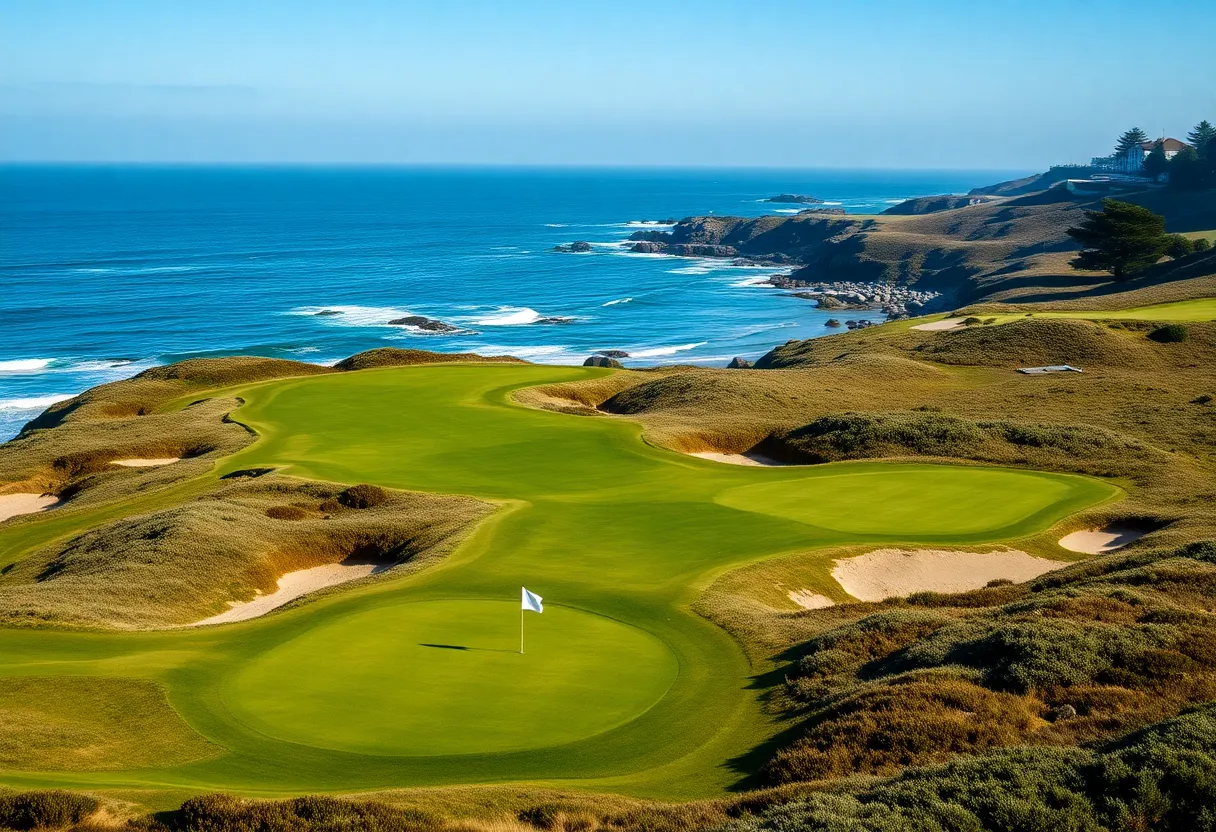 Stunning view of Pebble Beach Golf Course surrounded by the ocean and challenging terrain.