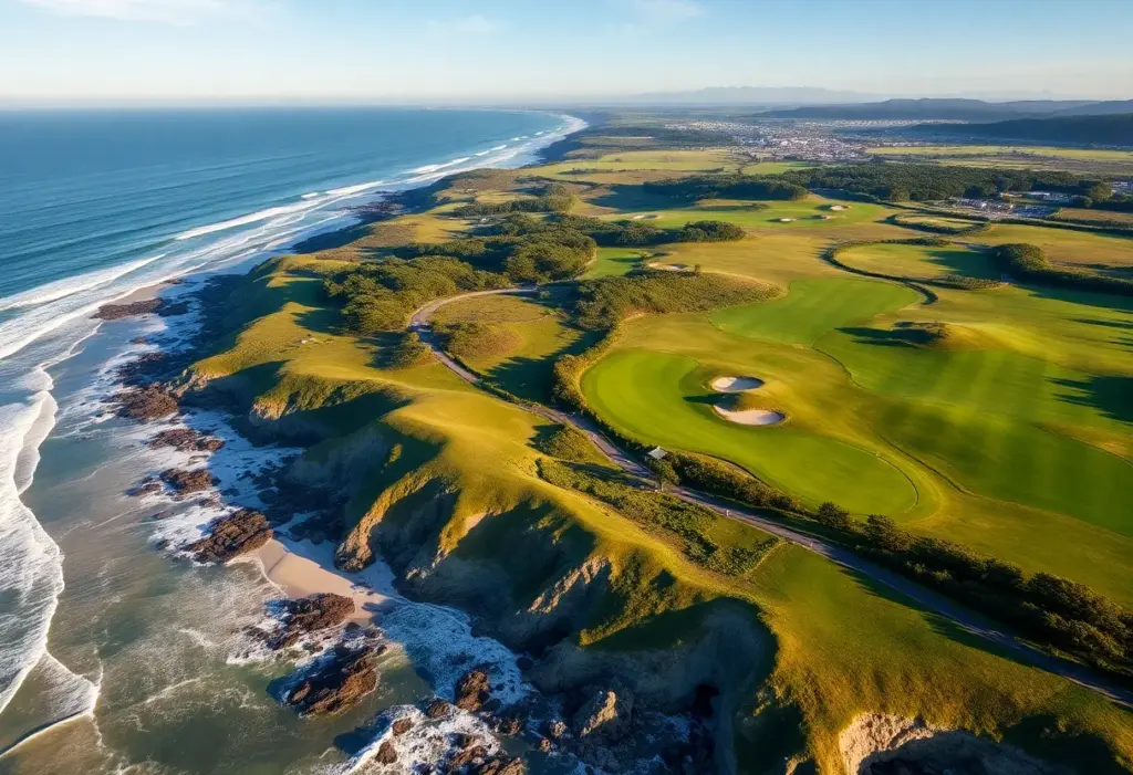 Aerial view of Pebble Beach Golf Links with coastline
