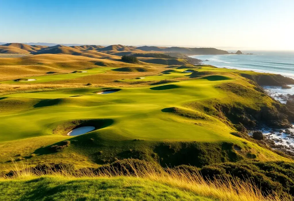 Beautiful landscape of Pebble Beach Golf Links showing the golf course and coastline.