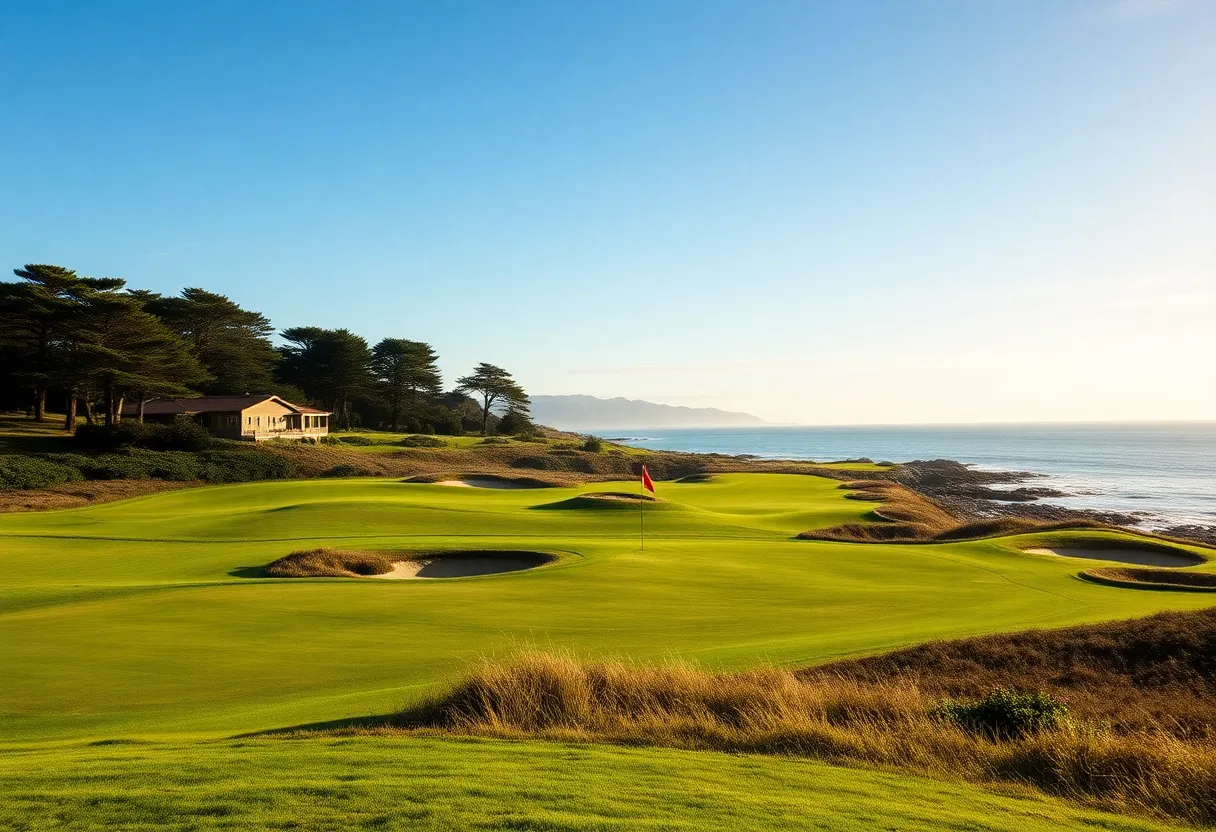 Scenic view of Pebble Beach Golf Links during a golf tournament