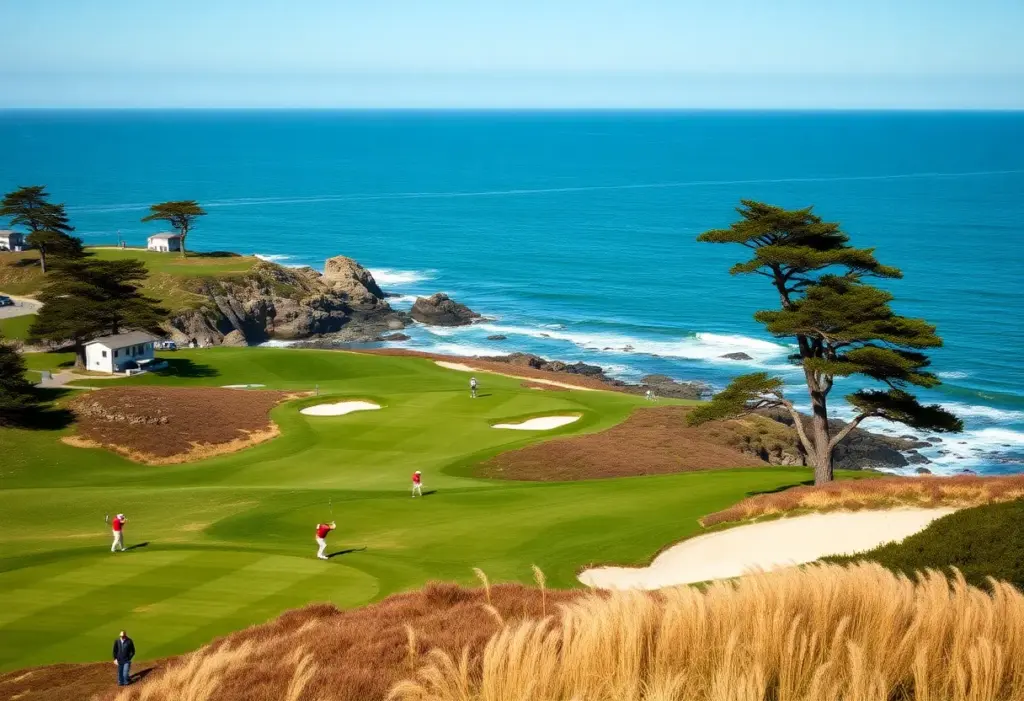 Golf players competing at Pebble Beach Golf Links during the AT&T Pro-Am tournament.
