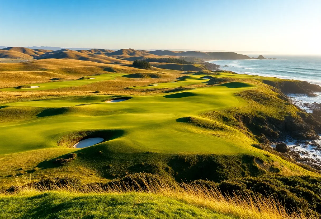 Beautiful landscape of Pebble Beach Golf Links showing the golf course and coastline.
