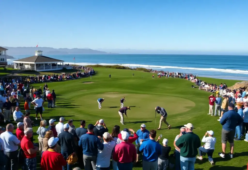 Golf tournament at Pebble Beach featuring players and spectators.
