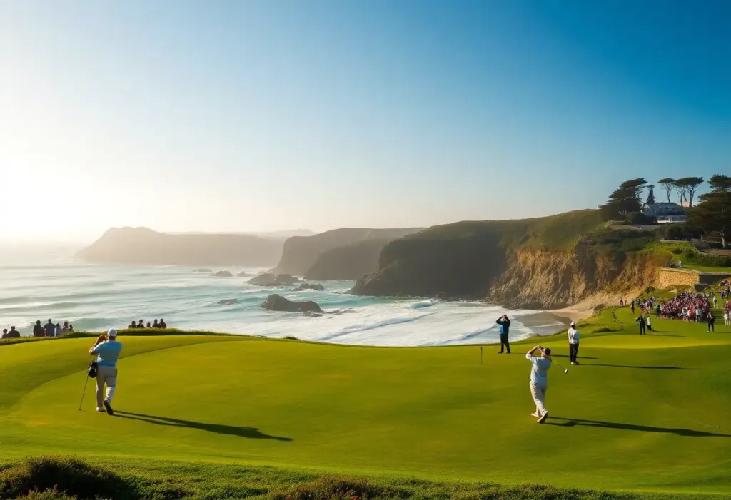 Golfers participating in the 2026 Pebble Beach Pro-Am with ocean views