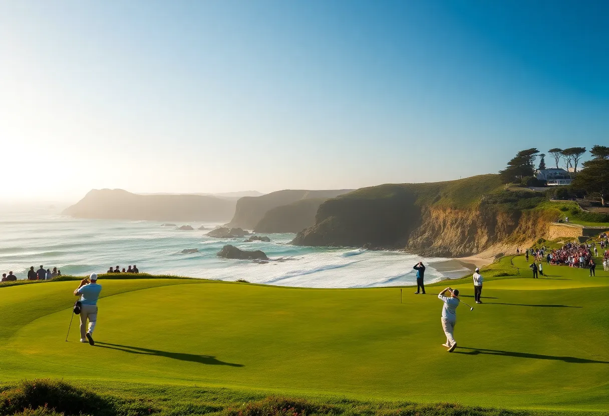Golfers participating in the 2026 Pebble Beach Pro-Am with ocean views