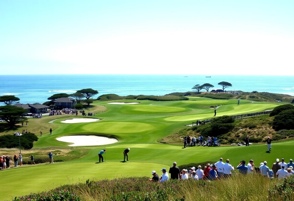 Golfers playing at Pebble Beach during the 2026 Pro-Am event