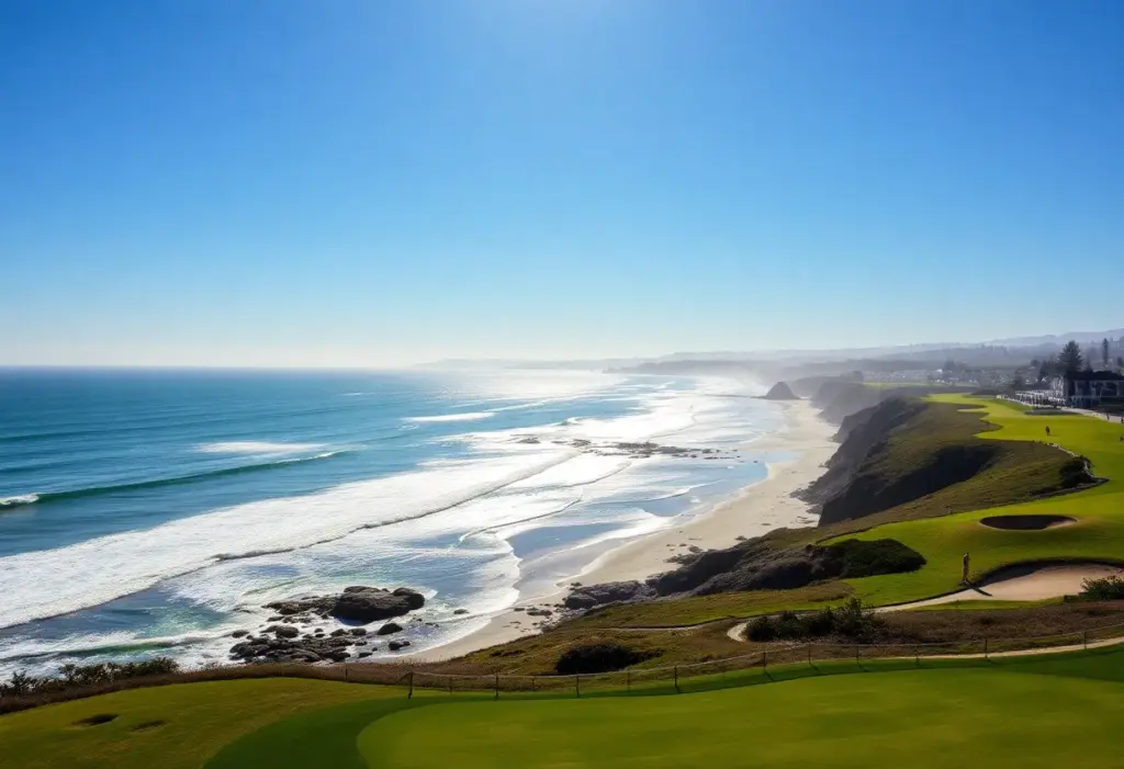 Scenic view of Pebble Beach Golf Links with golfers in action