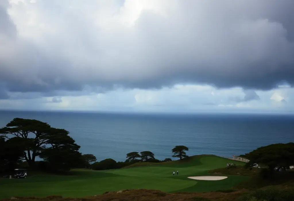 Stunning view of Pebble Beach golf course with ominous skies