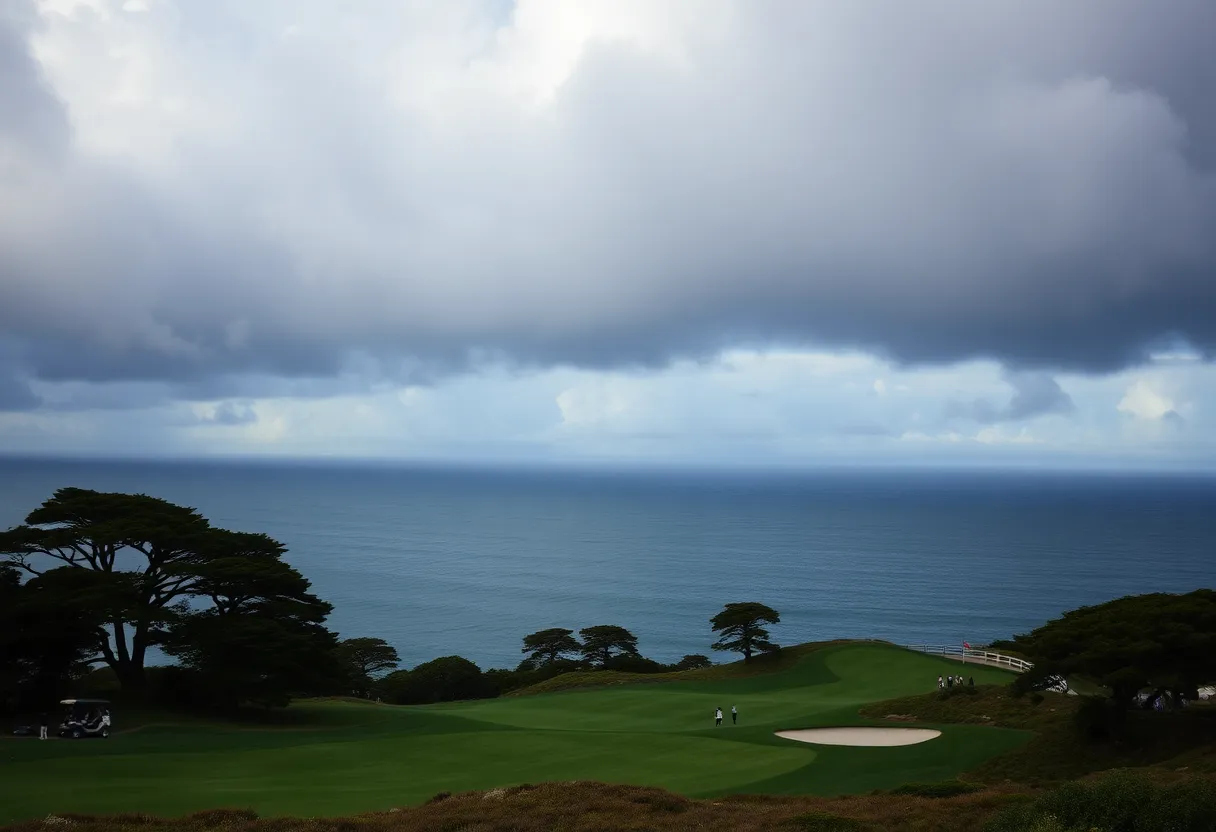 Stunning view of Pebble Beach golf course with ominous skies