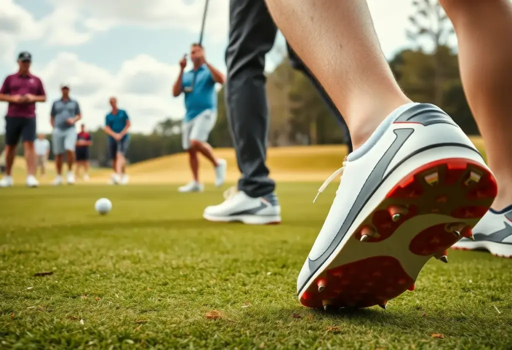Golf players wearing advanced spike technology during a tournament