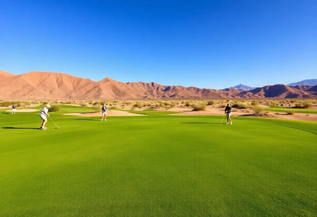 Female golfers competing on a desert golf course for the women's golf tournament