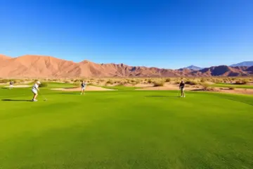 Female golfers competing on a desert golf course for the women's golf tournament