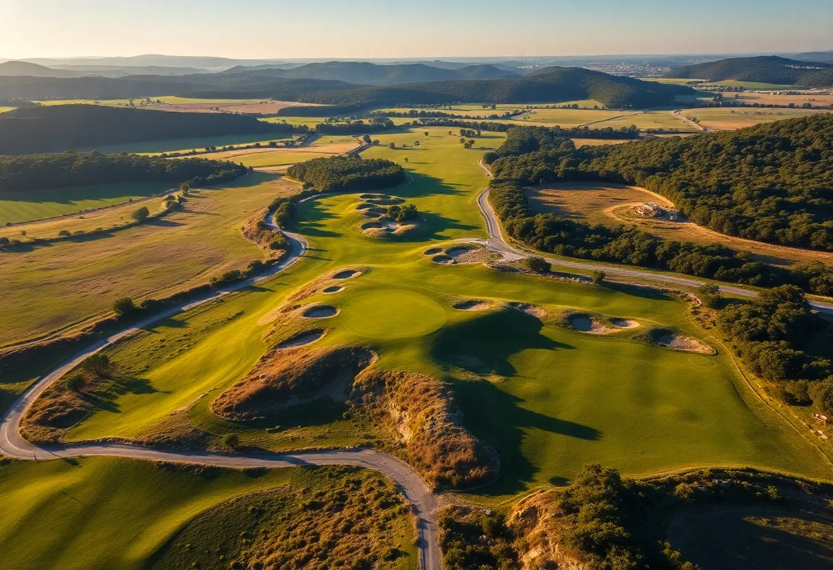 Aerial view of a scenic golf course in Portugal with green landscapes.