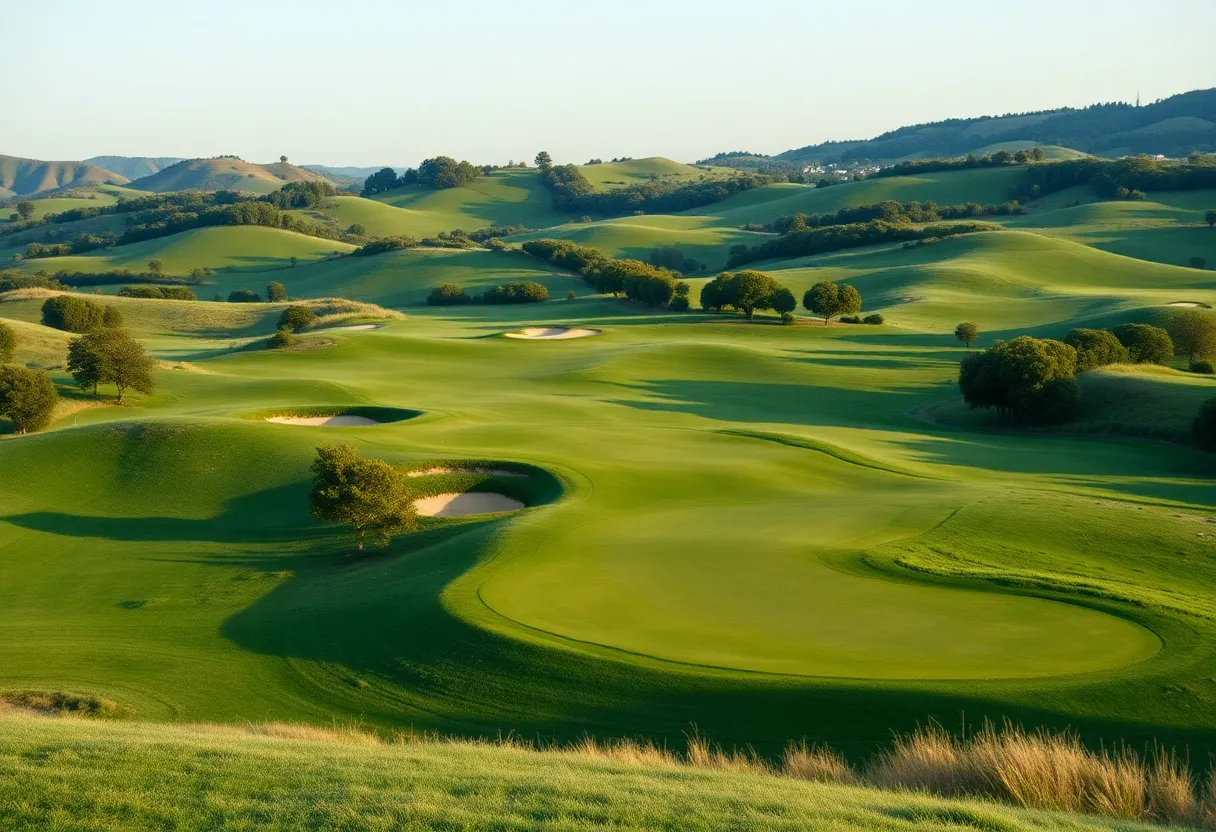 Prestigious golf course with lush greens and rolling hills.