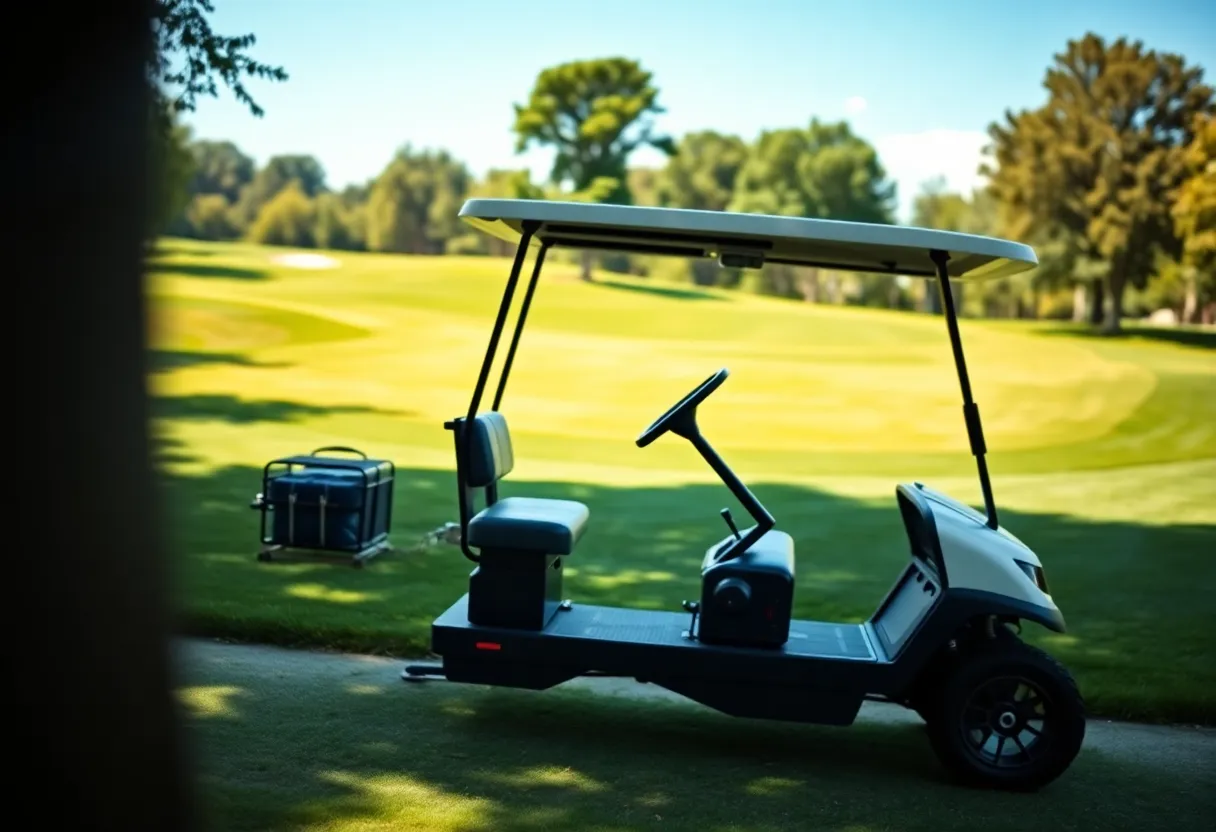 Electric push-pull golf cart on golf course