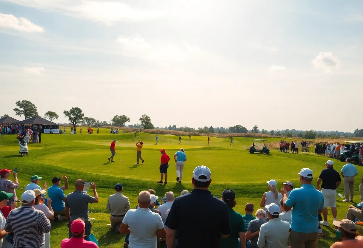 Golf tournament scene with players and spectators