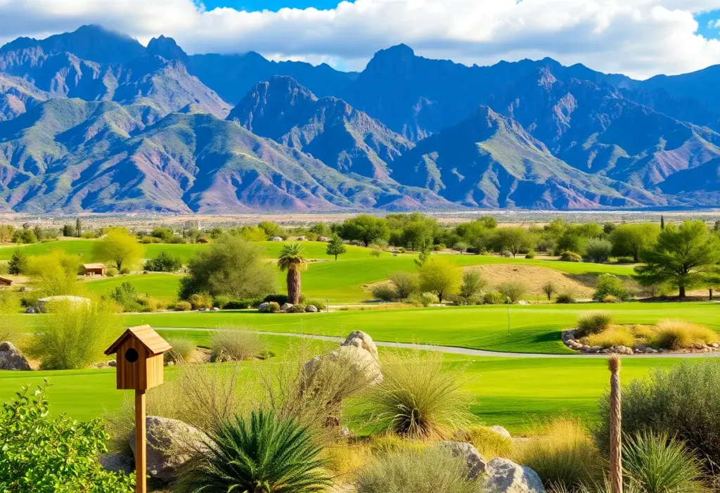 Aerial view of the Rising Sun Golf Course surrounded by mountains.