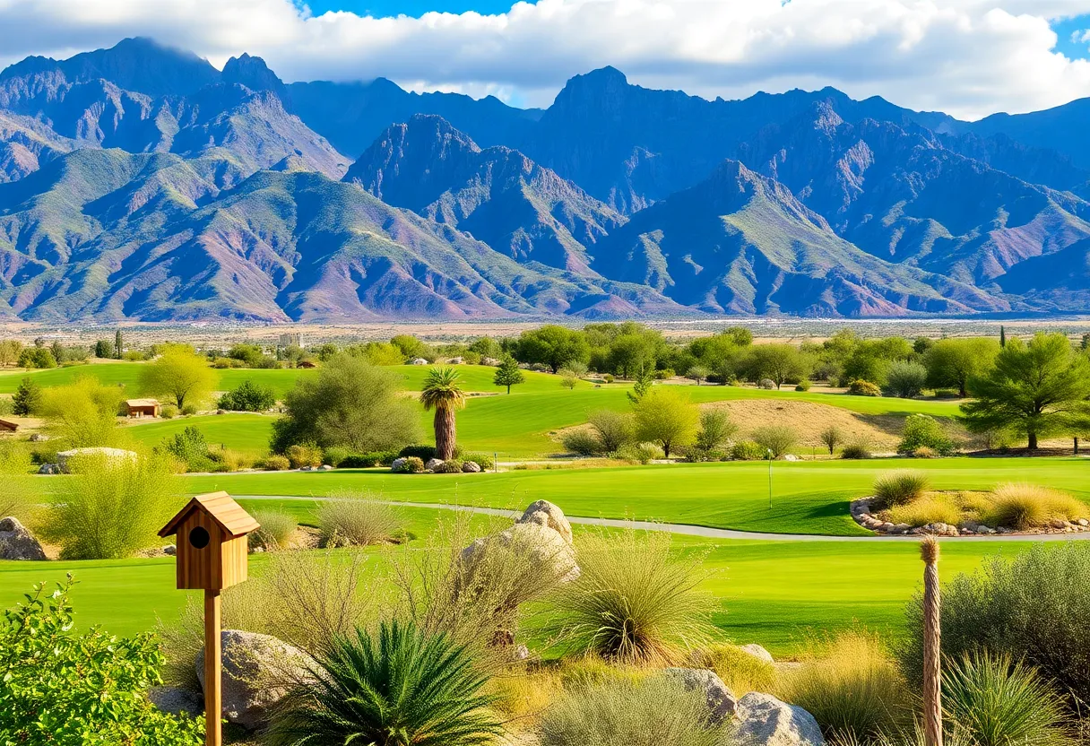 Aerial view of the Rising Sun Golf Course surrounded by mountains.