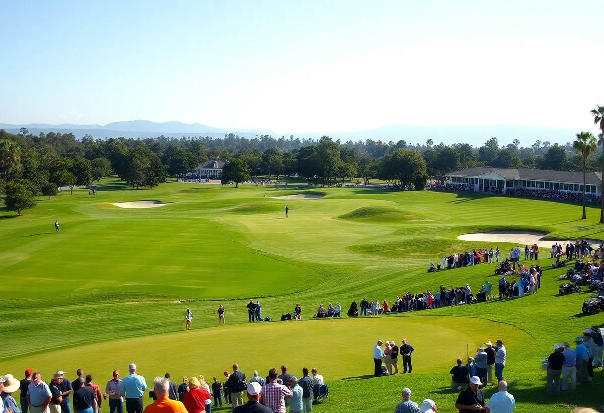 Scenic view of Riviera Country Club during the Genesis Invitational with golf players in action.