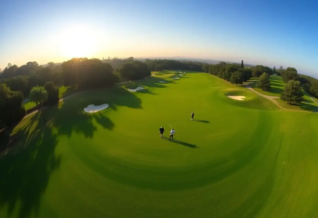Long par-3 hole at Riviera Country Club with players and lush landscape