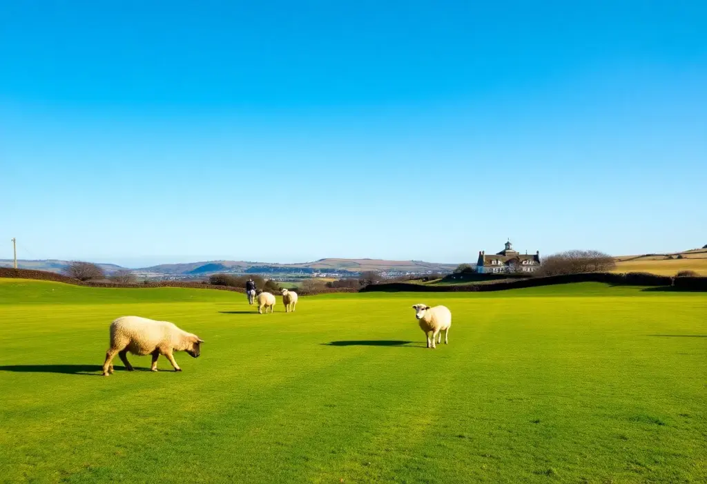 Scenic view of Royal North Devon Golf Course with sheep grazing
