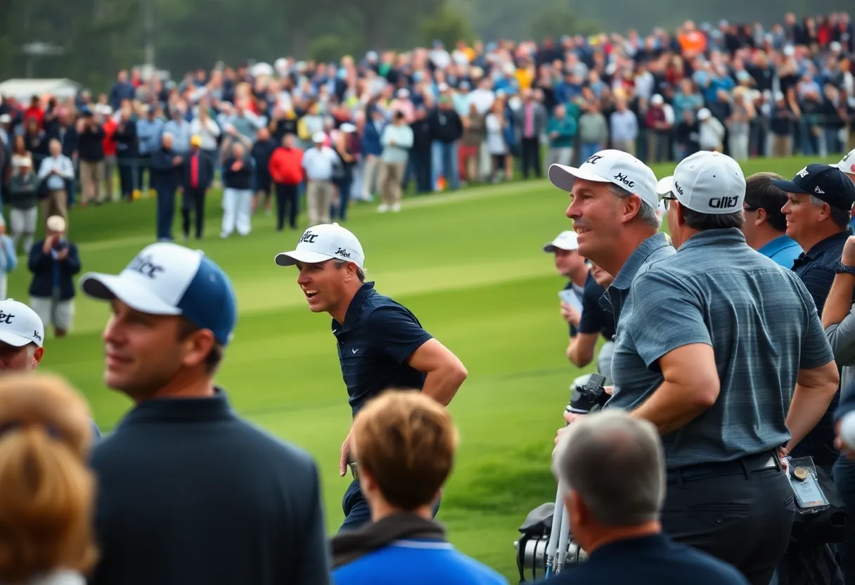 Golfers competing at the Ryder Cup with fans cheering in the background