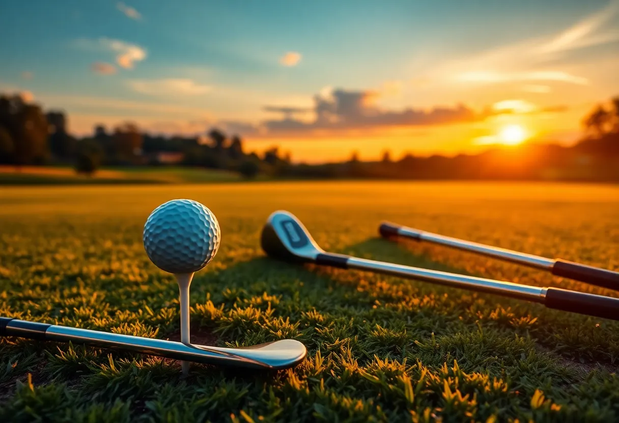 Golf course at sunset with golf gear, representing the future of golf talent.