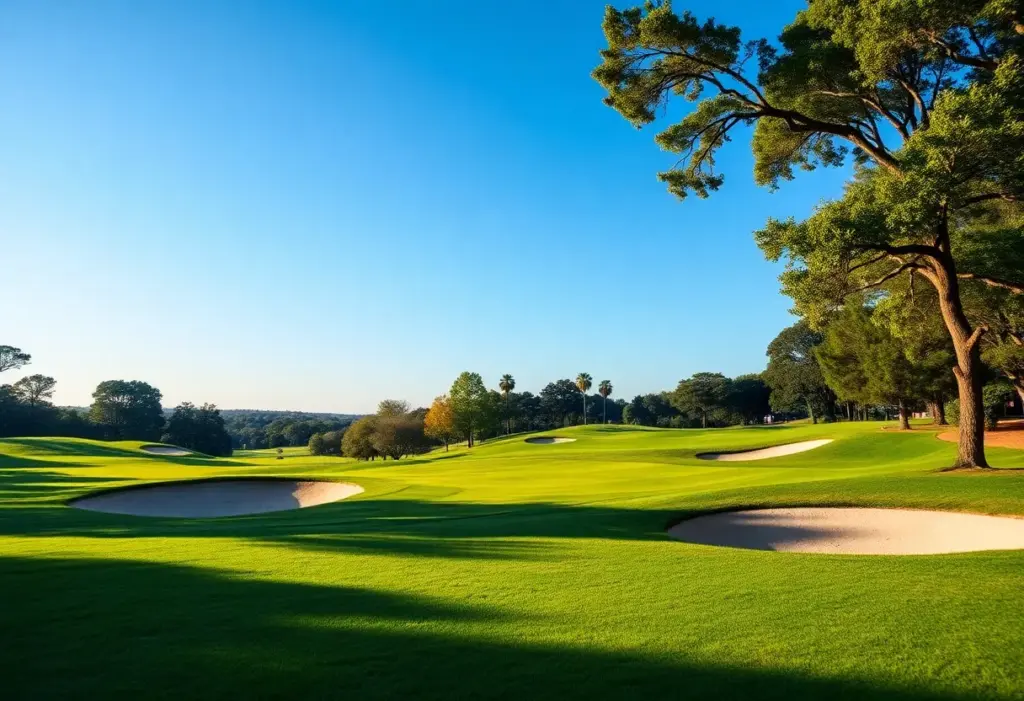 A picturesque view of a golf course with lush greens and blue skies.