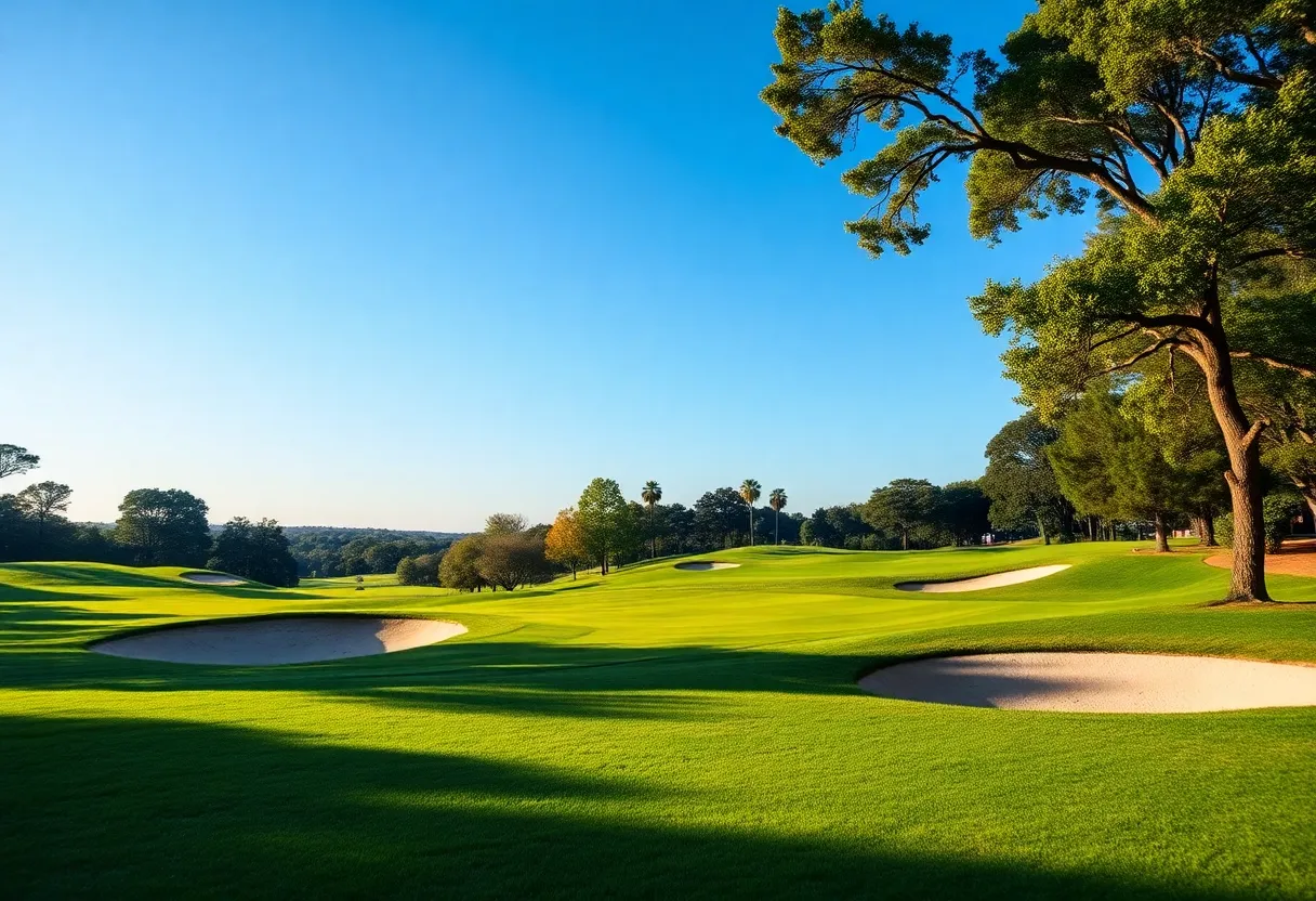 A picturesque view of a golf course with lush greens and blue skies.